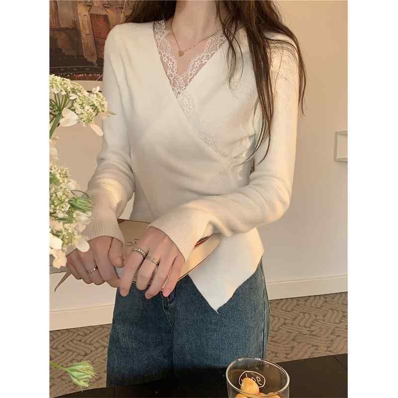 ニット レディース Vネック レース 長袖 トップス プルオーバー カットソー きれいめ フェミニン オフ..