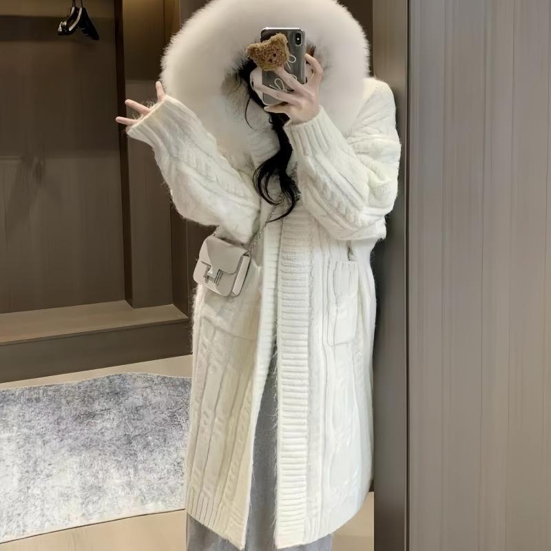 ニット・セーター レディース カーディガン ニット 厚手 ミドル丈 フード付き ゆったり 無地 オフホワ..