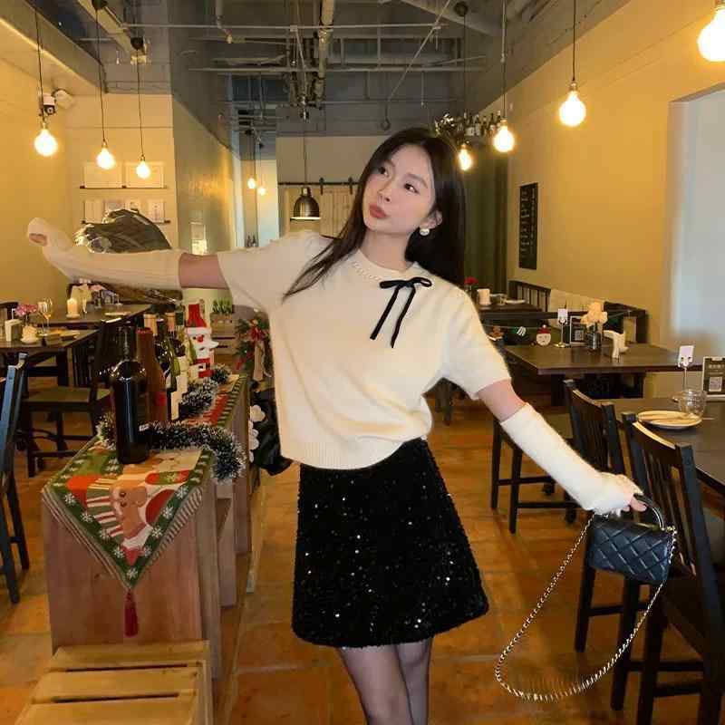 ニット レディース 春秋 袖カバー付き 蝶結び プルオーバー セーター 赤色 トップス 私服 普段使い 長..