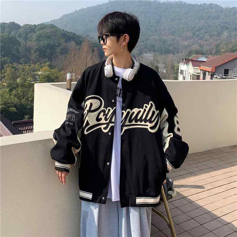 ジャケット 男性用 春秋 立襟 ゆったり 耐摩耗性 ポリエステル 混紡 刺繡 野球服 ブルゾン ブラック系 ベージュ系