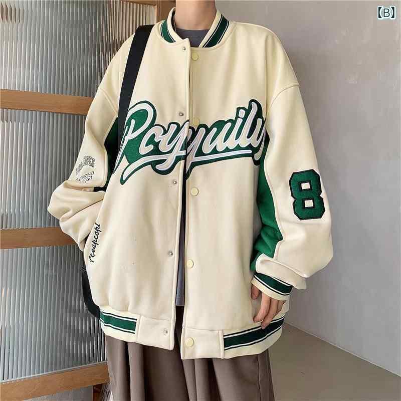 ジャケット 男性用 春秋 立襟 ゆったり 耐摩耗性 ポリエステル 混紡 刺繡 野球服 ブルゾン ブラック系 ベージュ系