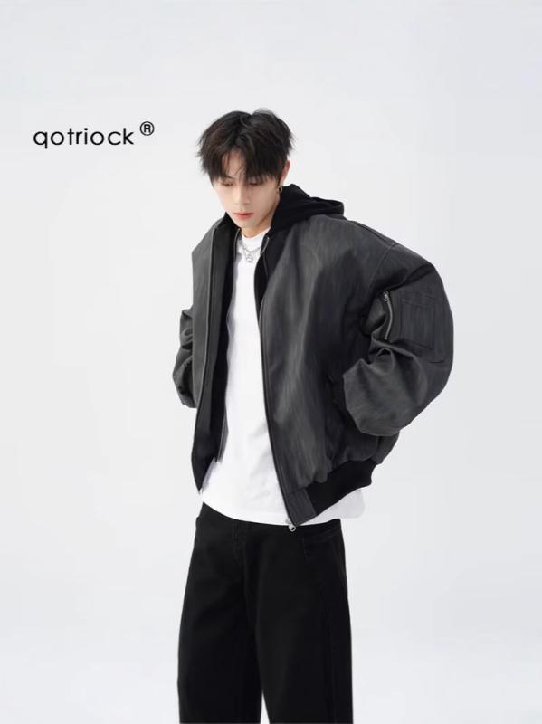 ジャケット メンズ 男性用 PUレザー 野球服 スタジャン 秋冬 ゆったり リラックス ショート丈 フード付き 黒色 スポーティー カジュアル