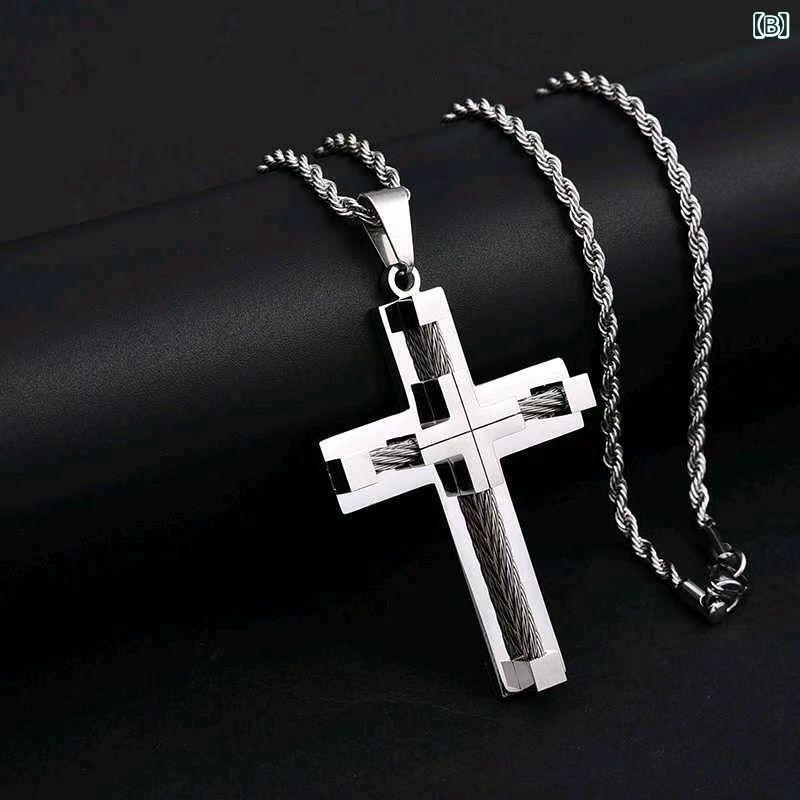 ネックレス メンズ チタン鋼 アクセサリー 高品質 ステンレス 鋼 鋼線 ロープ クロス 十字架 ペンダント ゴールド シルバー ブラック