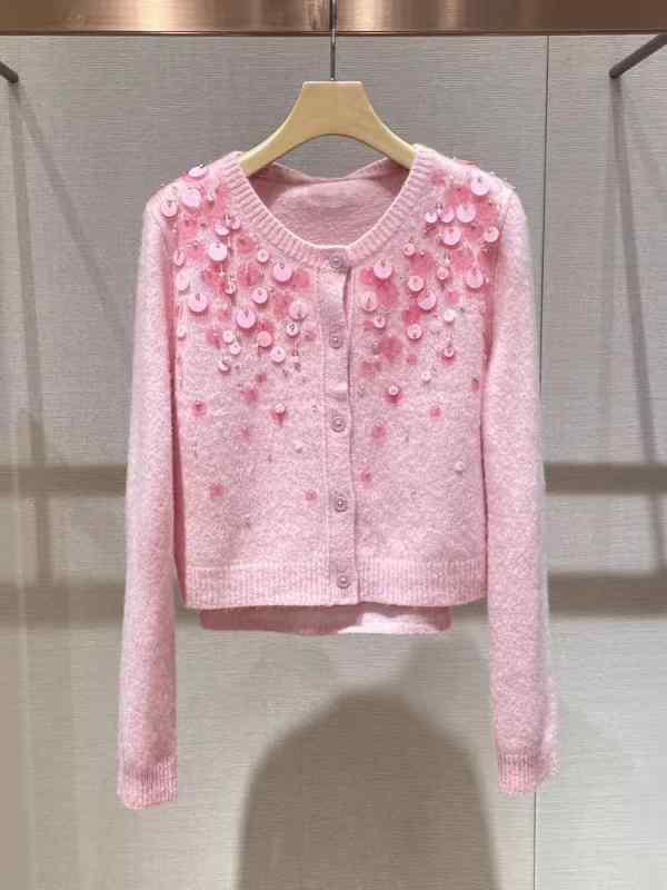 カーディガン レディース ニットアンサンブル ピンク系 春物 薄手 ラウンドネック 長袖 ショート丈 幾..