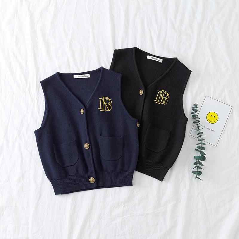 ニット キッズ セーター ベスト 子供 開襟 カーディガン 袖なし 刺繍 アルファベット 男の子 女の子 男..