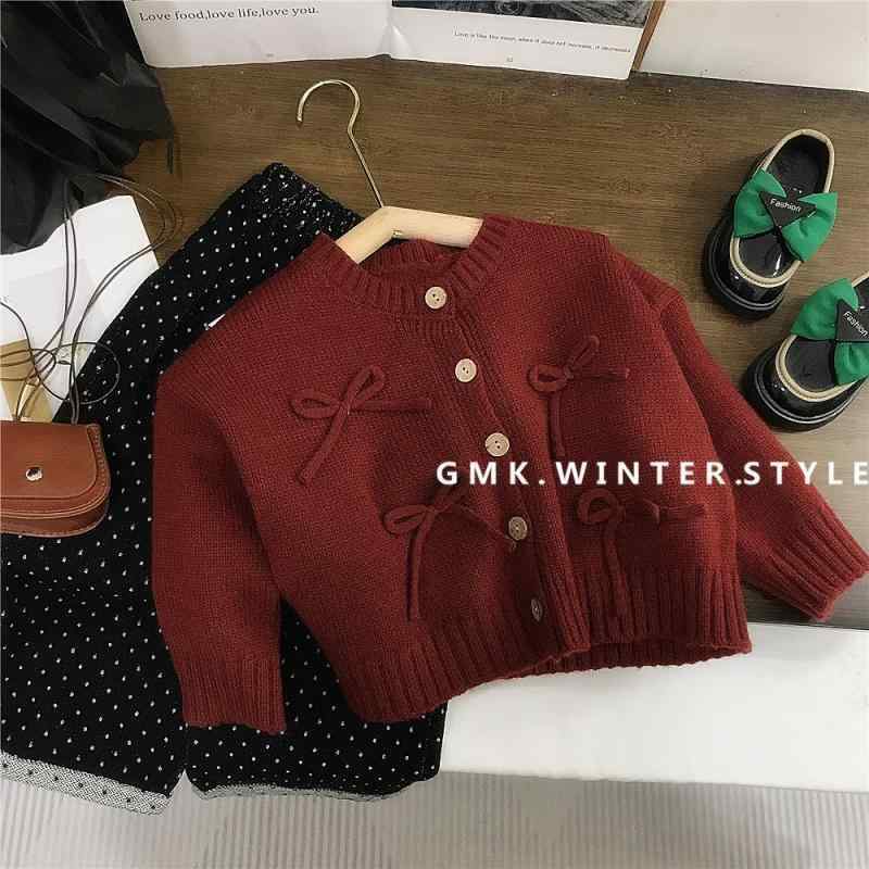 子供用ニット カーディガン 秋冬 女の子 赤色 トップス 子供服 厚手 ニット 長袖 ラウンドネック 蝶結..