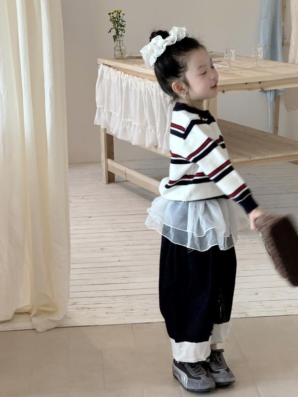 子供服 ニットカーディガン 女の子 秋物 配色ストライプ 小犬柄 ジャガード編み クルーネック 長袖 コ..