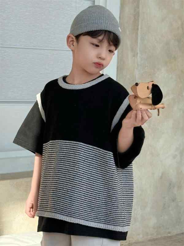 子供服 ニットベスト 男の子 春秋 韓国風 丸首 配色 ベスト チョッキ アクリル コットン グレー 100cm ..