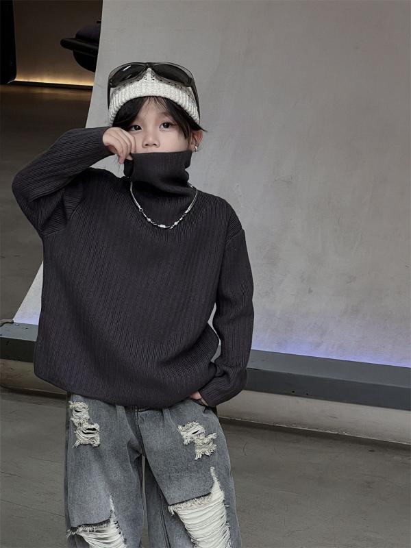 子供用ニット 子供用トップス ニットトップス 高めネック 長袖 伸縮性 普段使い 韓国風 深グレー 杏色 ..