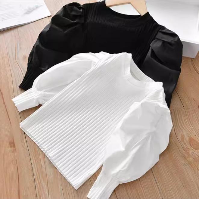 Tシャツ キッズ 女の子 長袖 韓国風 子供服 ニット トップス カットソー 春秋 パフスリーブ 無地 かわいい ガールズ 女児 普段着 通園 通学 90 100 110 120 130 140cm 白 黒 ピンク 黄色 青