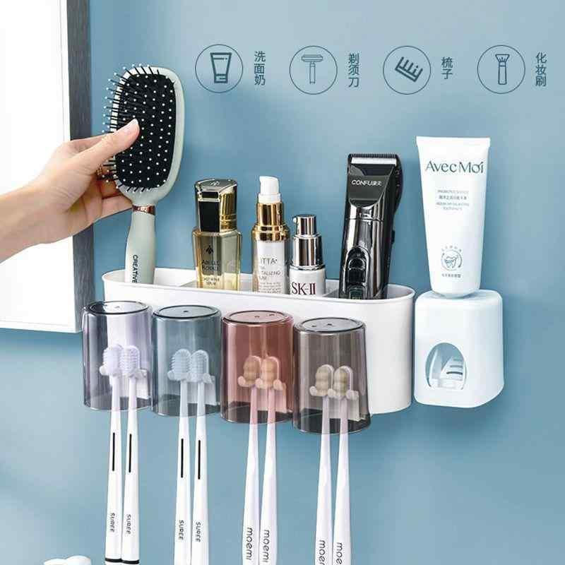歯ブラシスタンド 壁掛け式 コップ 歯磨き粉 ディスペンサー 洗面所 収納 ラック 金属 吸盤式
