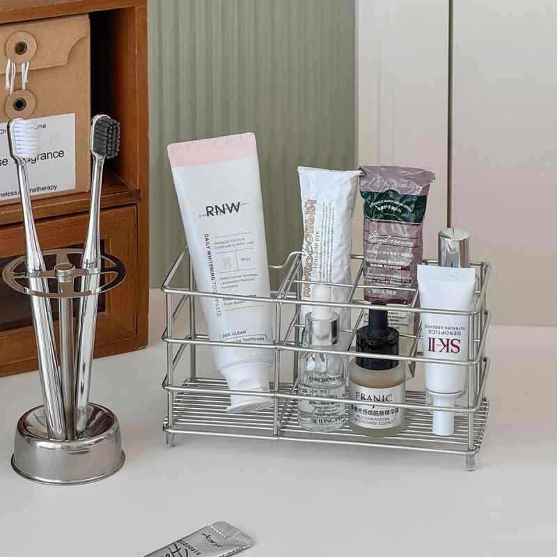 歯ブラシスタンド ステンレス 浴室 洗面所 化粧品収納 バスケット 水切りラック 整理棚