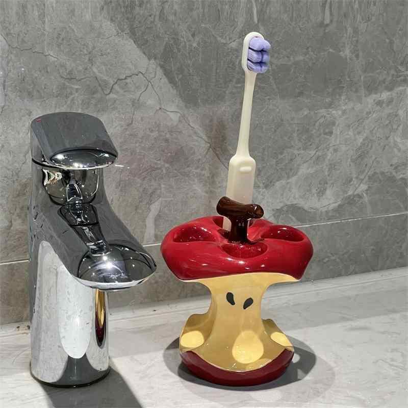 歯ブラシスタンド レディース メンズ 兼用 リンゴ 陶器製 電動歯ブラシ 歯磨き粉 収納 洗面所 浴室 ラ..