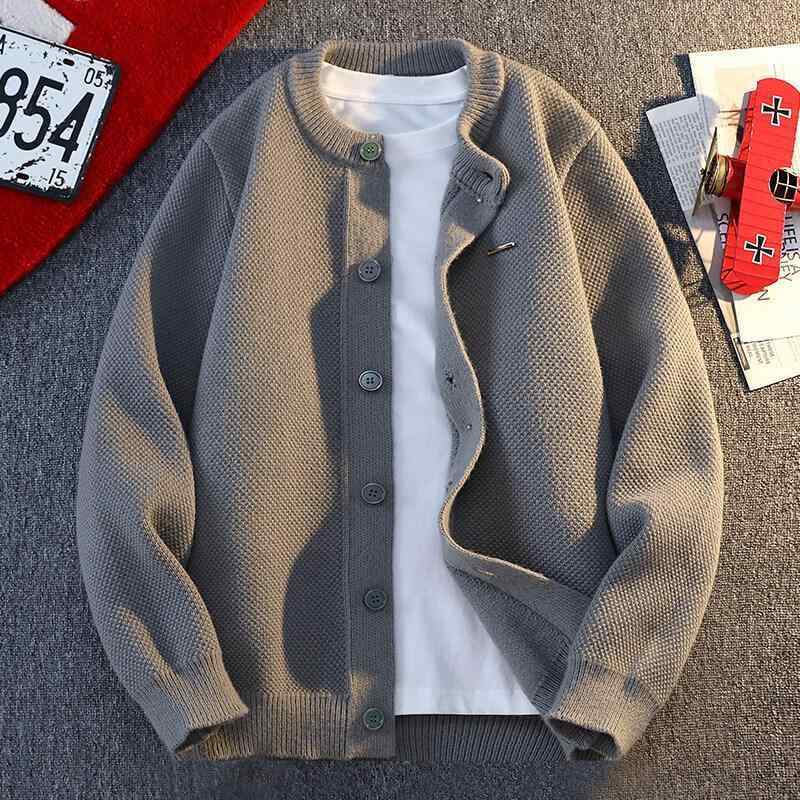 ニット メンズ ニットカーディガン ケーブルニット クルーネック プルオーバー 厚手 トップス 秋冬 灰..