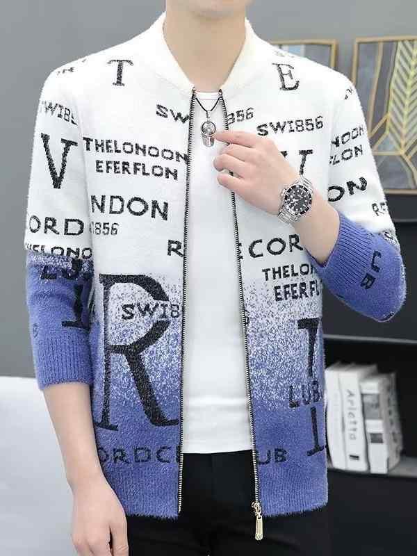 ニット カーディガン メンズ ニットジャケット アウター 立ち襟 長袖 スリムフィット 伸縮性 春秋 ブルー グリーン