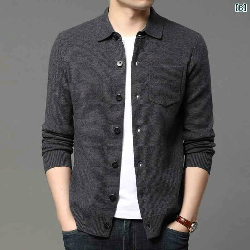 ニット カーディガン メンズ 長袖 襟付き 韓国風 ファッション おしゃれ トップス ポリエステル混紡 ブラック 黒 グレー 緑 グリーン ベージュ 秋冬