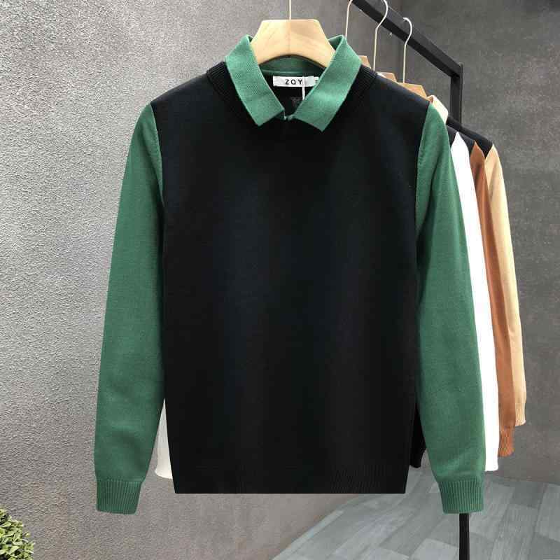 ニット メンズ 付け襟風トップス 長袖 プルオーバーシャツ バイカラー ポリエステル 韓国風 ティーン ..