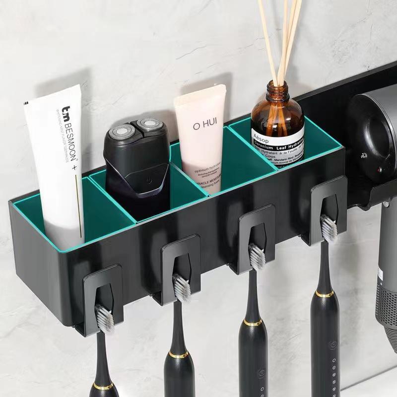 壁掛け ドライヤー ホルダー 歯ブラシスタンド コップ 収納 ラック 洗面所 浴室 多機能 黒/グレー 4格