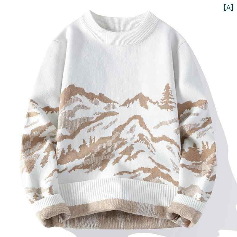 ニット メンズ 男性用 セーター 秋冬 韓国風 ハーフハイネック 提花 あったか ゆったり ミルクティー ベージュ ブラック