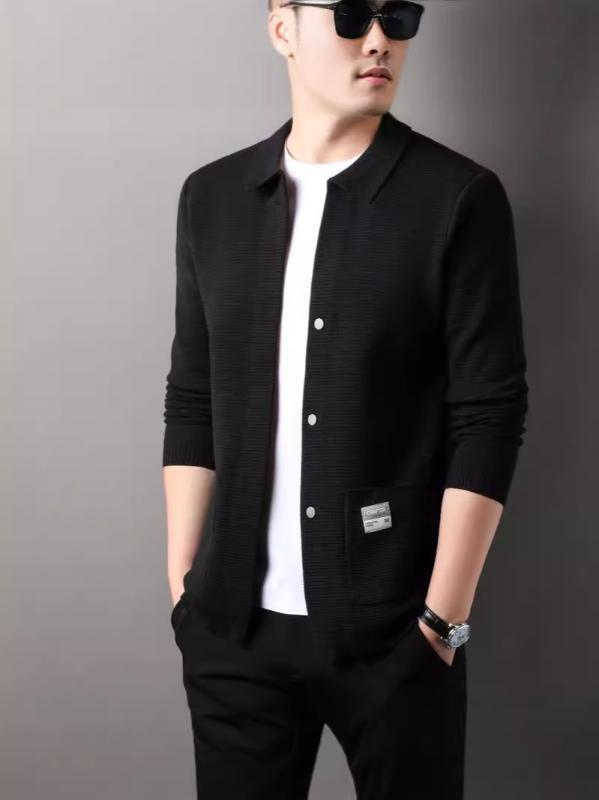 ニット カーディガン メンズ ニットセーター 襟付き コットン混紡 春秋 薄手 伸縮性 リブ袖 無地 黒/栗色 大きいサイズ ゆったり