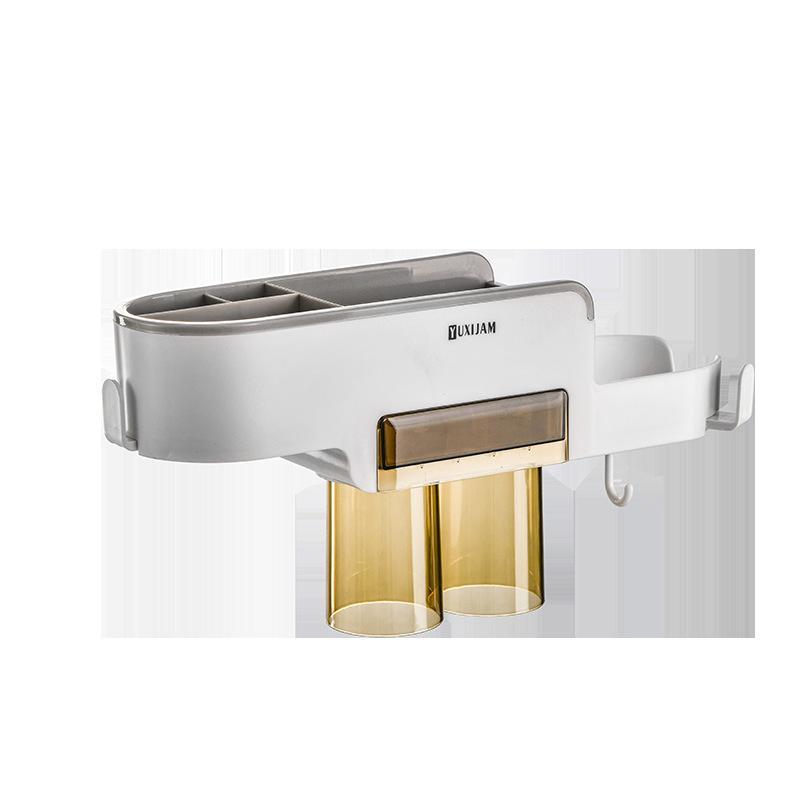 歯ブラシスタンド 壁掛け式 収納 歯ブラシホルダー コップ セット 歯磨き粉スクイーザー グレー ホワイ..