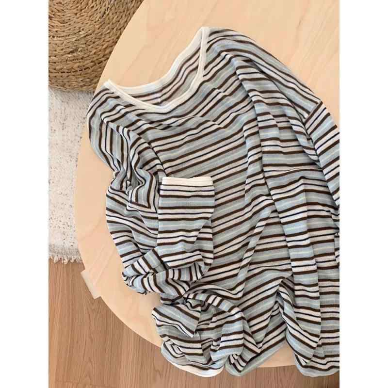 Tシャツ レディース 春夏 ストライプ柄 コットン ゆったり 長袖 トップス カットソー ラウンドネック 配色 普段使い 通勤着