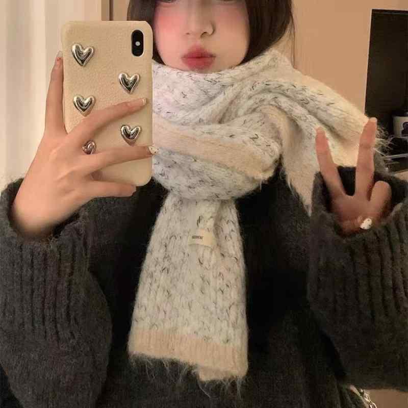 マフラー レディース 秋冬 ウール混 ニット 厚手 保温 防寒 学生 かわいい カジュアル 白 グレー 赤 ワ..