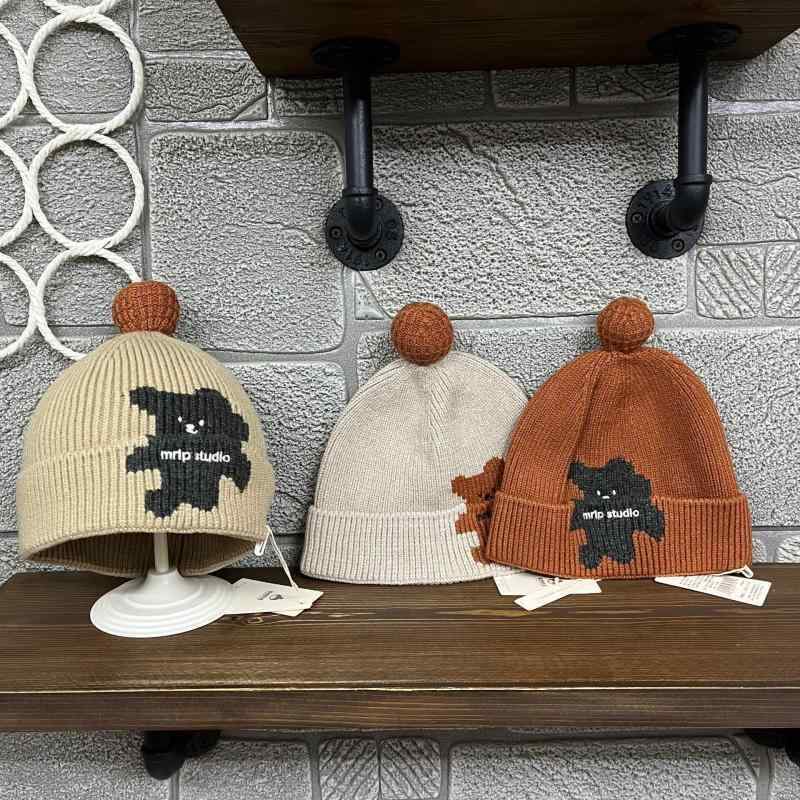 帽子 ベビー キッズ 秋冬 子供用 ピュアコットン 裏地付き ニット帽 小熊 刺繍入り 折り返し 防寒 花米色 栗色