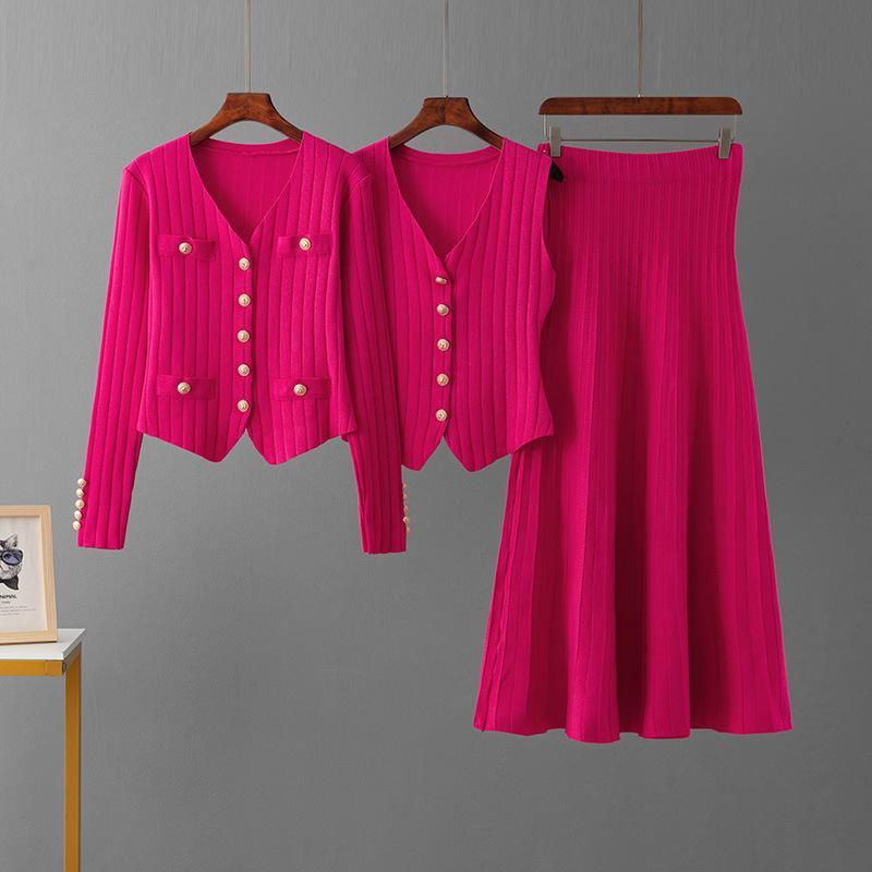 ニット レディース 秋冬 カーディガン スカート 3点セット セットアップ 粘胶纤维 伸縮性 カジュアル 普段使い 通勤 ブラック ピンク系