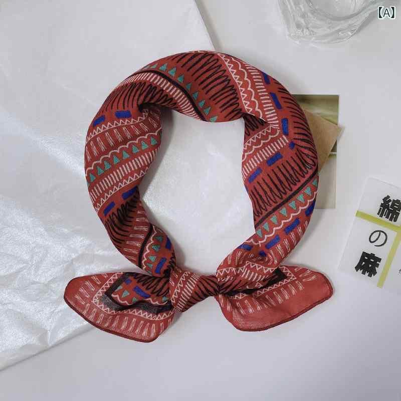 スカーフ レディース 春秋 綿麻 プリント ハンカチ スカーフ バッグスカーフ レトロ ボヘミアン 几何柄..