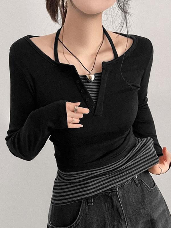 ニット レディース 韓国風 ストライプ柄 キャミソール 長袖Tシャツ 2点セット トップス カットソー スリムフィット 切り替え 普段使い かわいい グレー ブラック 春夏