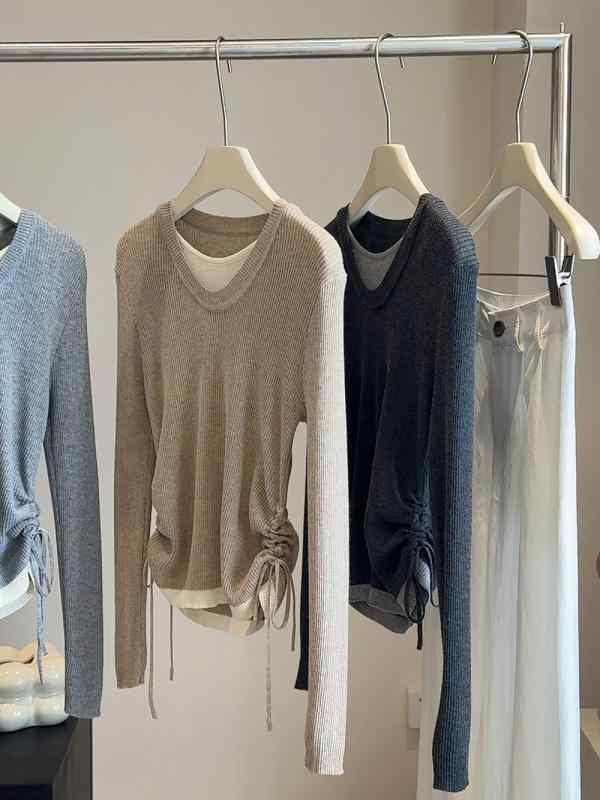 ニット レディース 韓国風 レイヤード風 トップス 長袖 プルオーバー 配色 ポリエステル カジュアル ブラック グレー ホワイト フリーサイズ