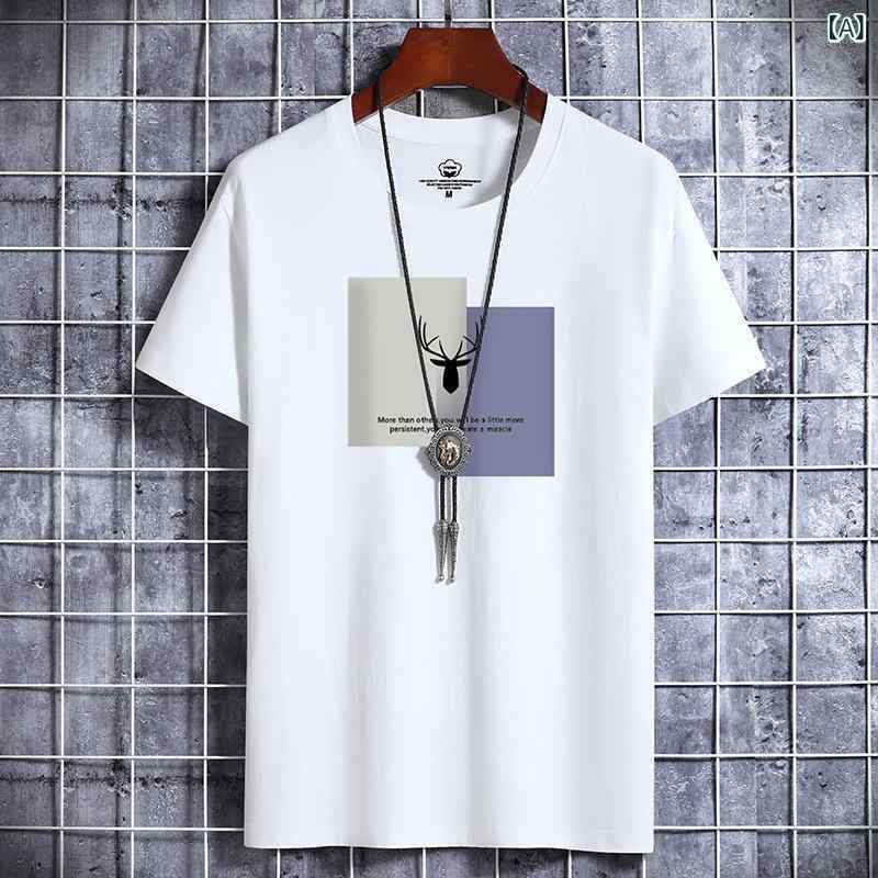 Tシャツ メンズ 半袖 コットン トップス 夏 カットソー ゆったり プリントTシャツ クルーネック ドロップショルダー カジュアル おしゃれ 白 黒 カーキ