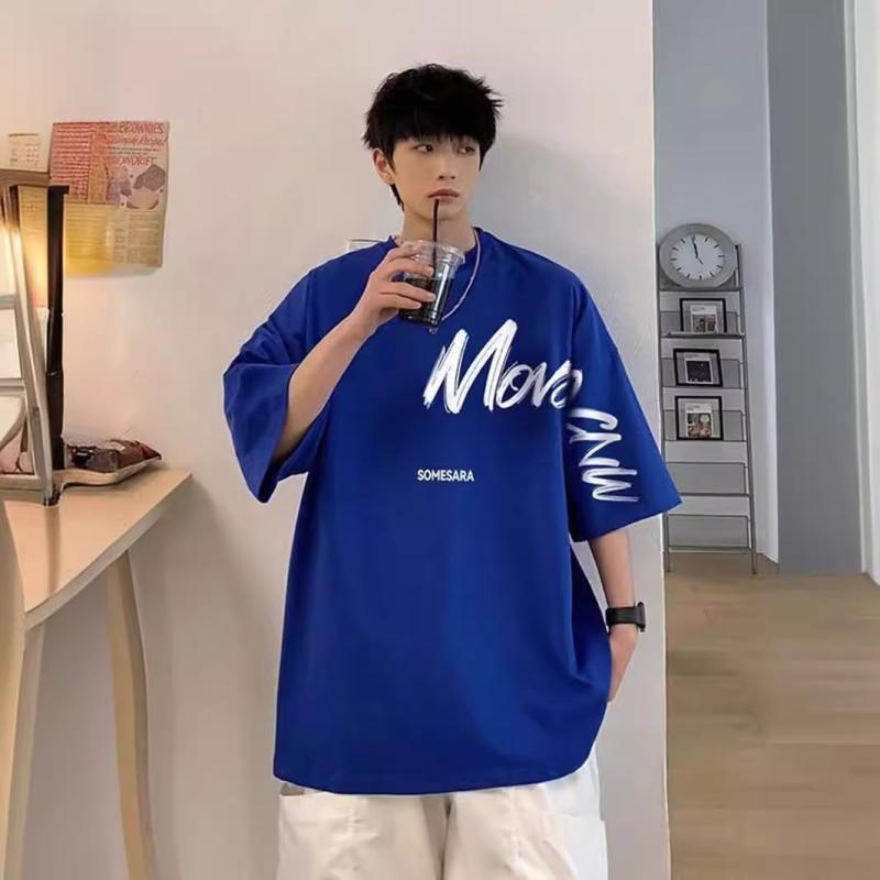 Tシャツ メンズ 男性用 トップス 半袖 夏物 ゆったりサイズ オーバーサイズ クルーネック ドロップショルダー プリントTシャツ ポリエステル混紡 ブラック ホワイト ブルー グレー