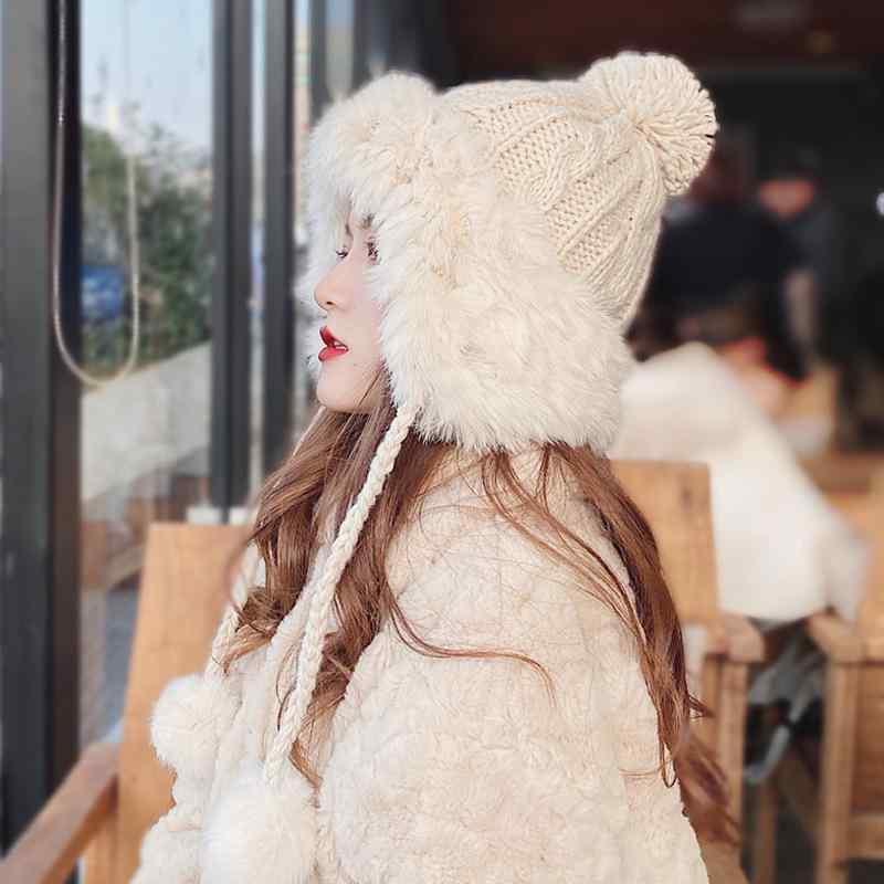 ニット帽 レディース 秋冬 かわいい ボンボン付き 防寒 暖かい ウサギ毛風 耳あて付き グレー ブラック オフホワイト ベージュ(4)