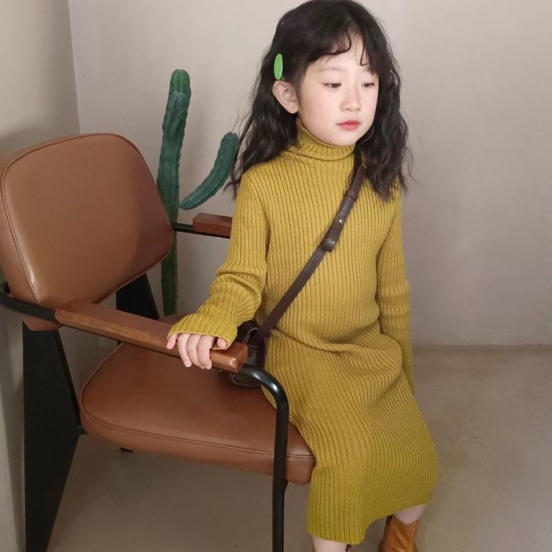 ワンピース キッズ 女の子 ニット タートルネック ミドル丈 子供服 秋冬 長袖 チュニック Aライン 伸縮..