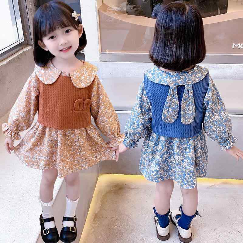 子供用セットアップ チュニック 花柄 スカート 2点セット 長袖 韓国風 秋物 かわいい ウサギ耳 ブルー 栗色 90cm 100cm 110cm 120cm 130cm