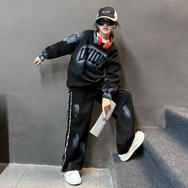 子供用ジャージ スウェット セットアップ 女の子 春秋 長袖 ワイドレッグパンツ ニット 2点セット 運動着 普段着 部屋着 ブラック ピンク系