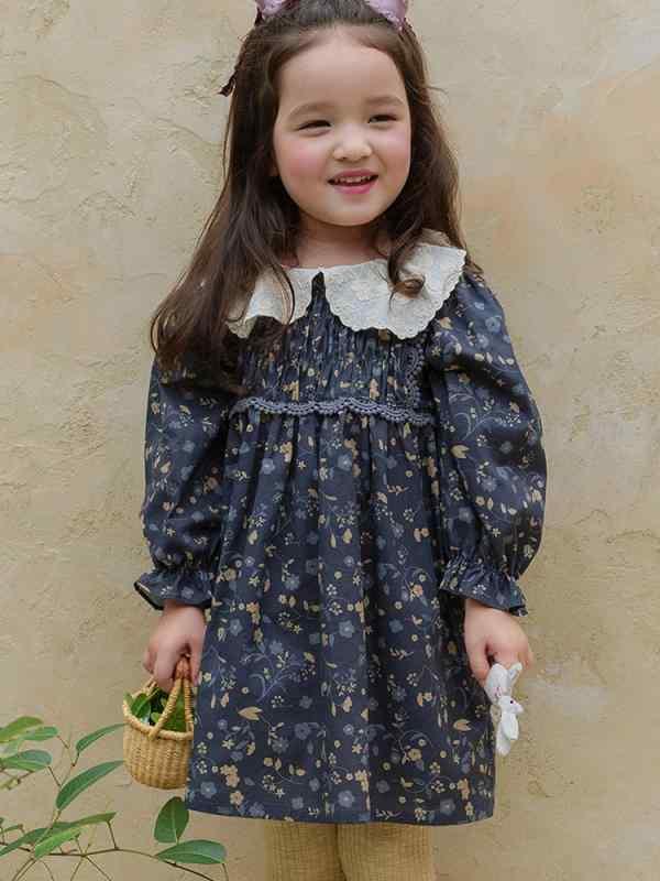 ワンピース キッズ 女の子 子供服 刺繡 花柄 小花柄 フリル 襟付き パフスリーブ 長袖 Aライン プリンセススカート 秋 90cm 100cm 110cm 120cm 130cm 140cm 150cm 綿 コットン 90%