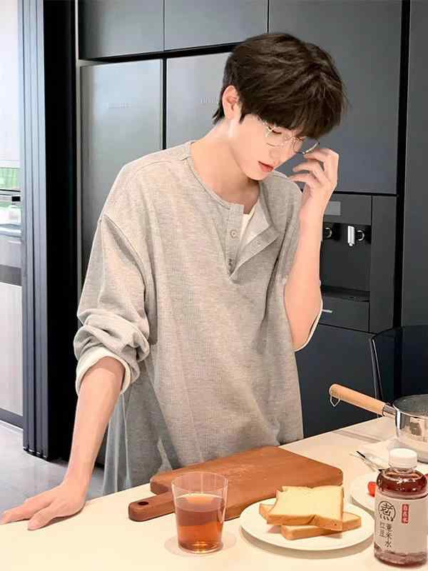 スウェット メンズ 韓国風 レイヤード風 Vネック プルオーバー 長袖 トップス 灰色 黒色 ポリエステル ..