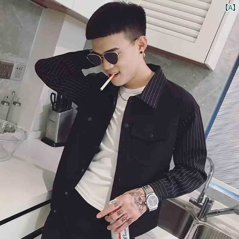 ジャケット 男性用 アウター 韓国風 カジュアル スリムフィット ストライプ柄 トップス ポリエステル ブラック 秋冬