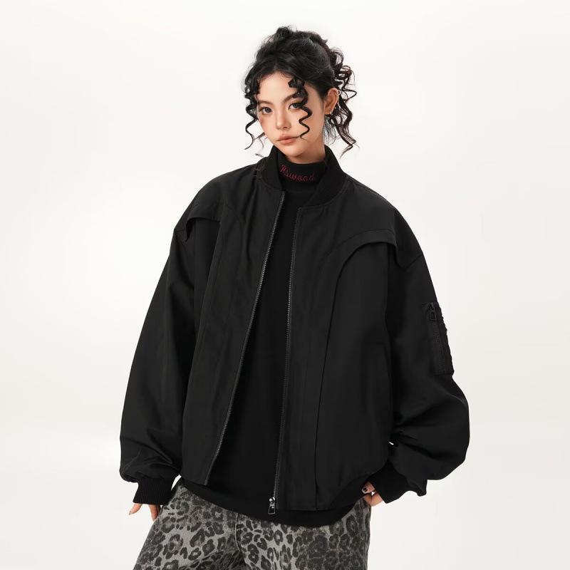 ブルゾン レディース アメリカンレトロ 高街 ゆったり 無地 カーディガン 長袖 シンプル ワークウェア 野球襟 パイロット グレー ブラック