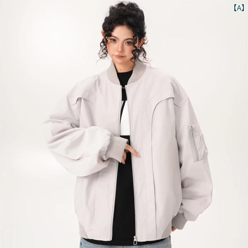 ブルゾン レディース アメリカンレトロ 高街 ゆったり 無地 カーディガン 長袖 シンプル ワークウェア 野球襟 パイロット グレー ブラック