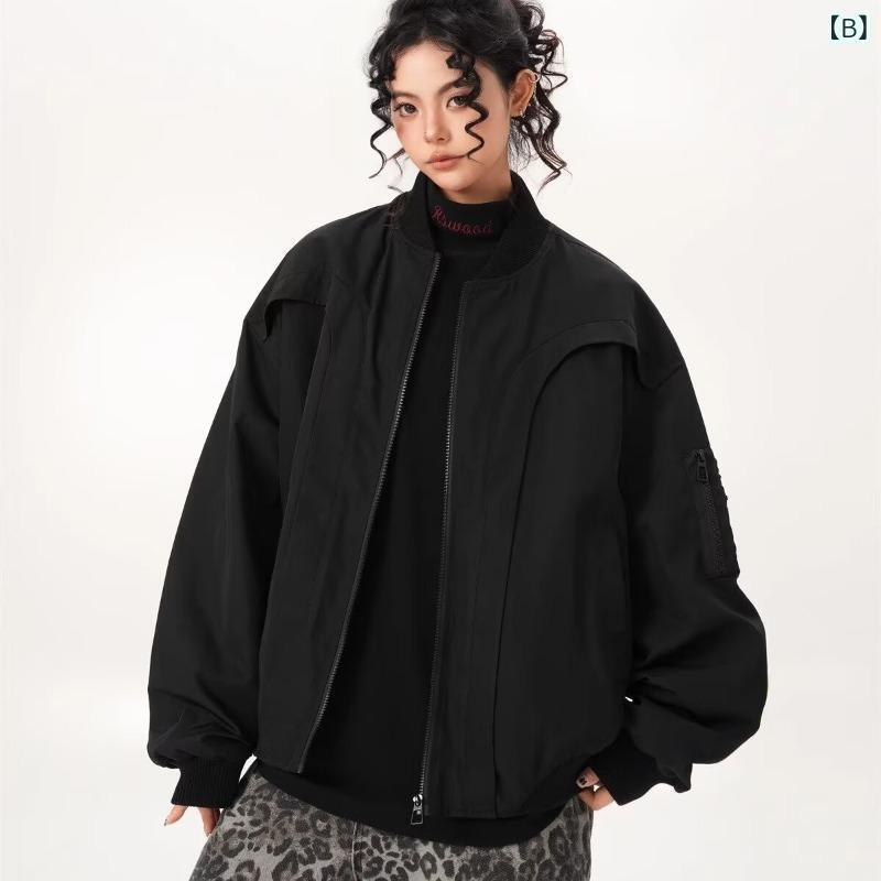 ブルゾン レディース アメリカンレトロ 高街 ゆったり 無地 カーディガン 長袖 シンプル ワークウェア 野球襟 パイロット グレー ブラック