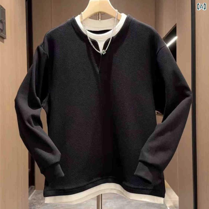 トレーナー メンズ デザイン 長袖トップス 秋物 スウェット プルオーバー カットソー ゆったり カジュアル 韓国風 幾何学模様 ブラック カーキ ワインレッド
