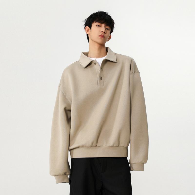 スウェット メンズ 男性用 POLO襟 プルオーバー ゆったり レトロ プリント柄 春秋 カジュアル ミルクホワイト ブラック カーキ