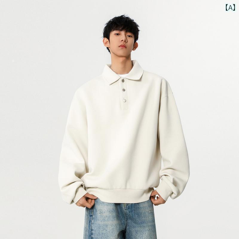 スウェット メンズ 男性用 POLO襟 プルオーバー ゆったり レトロ プリント柄 春秋 カジュアル ミルクホワイト ブラック カーキ