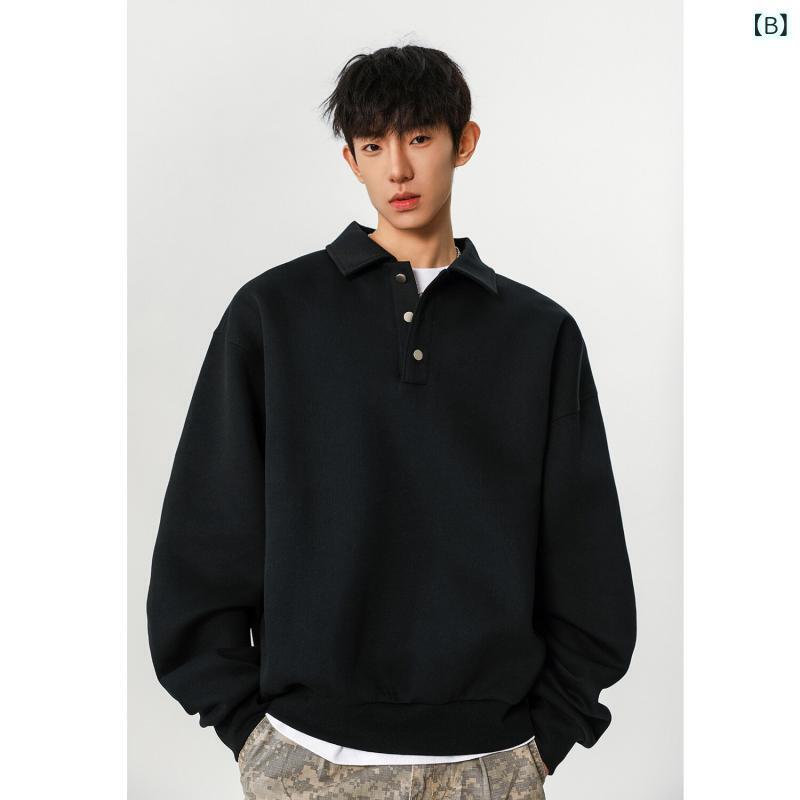スウェット メンズ 男性用 POLO襟 プルオーバー ゆったり レトロ プリント柄 春秋 カジュアル ミルクホワイト ブラック カーキ