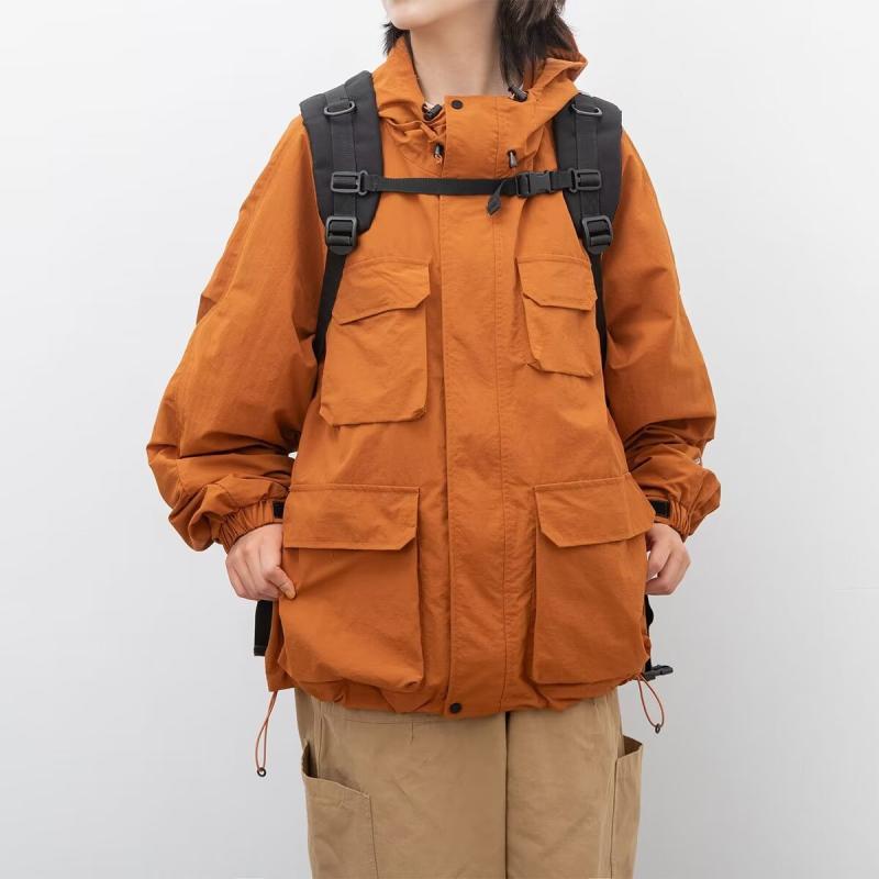 ジャケット 男性用 春秋 撥水 防風 フード付き ブルゾン ジャンパー 多ポケット 無地 ゆったり アウトドア 運動着 普段使い オレンジ ブラック グリーン ブルー M L XL XXL