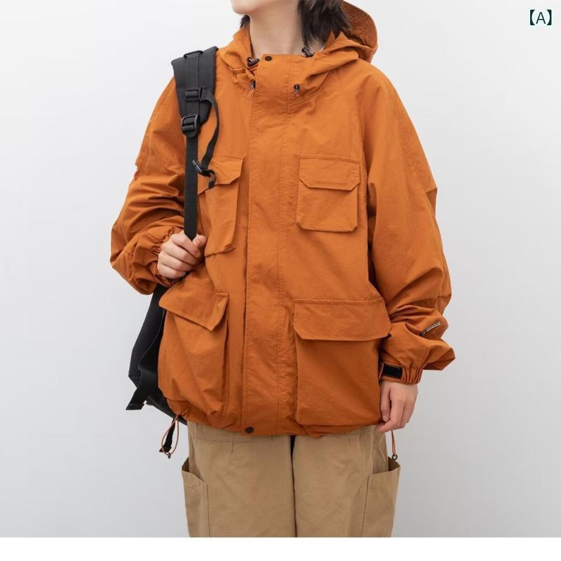 ジャケット 男性用 春秋 撥水 防風 フード付き ブルゾン ジャンパー 多ポケット 無地 ゆったり アウトドア 運動着 普段使い オレンジ ブラック グリーン ブルー M L XL XXL